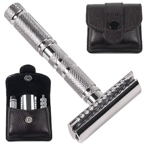 Parker Safety Razor, 4 Piece Travel Safety Razor & Leather Case
