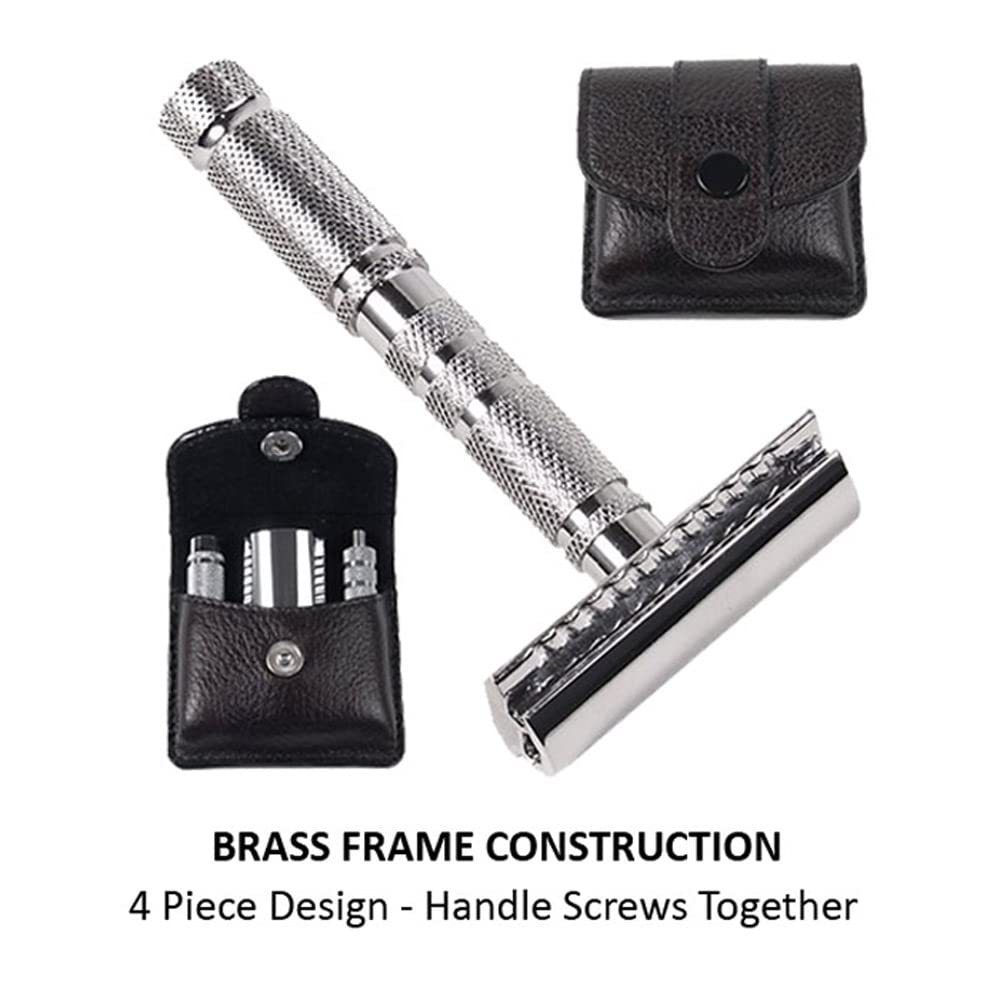 Parker Safety Razor, 4 Piece Travel Safety Razor & Leather Case